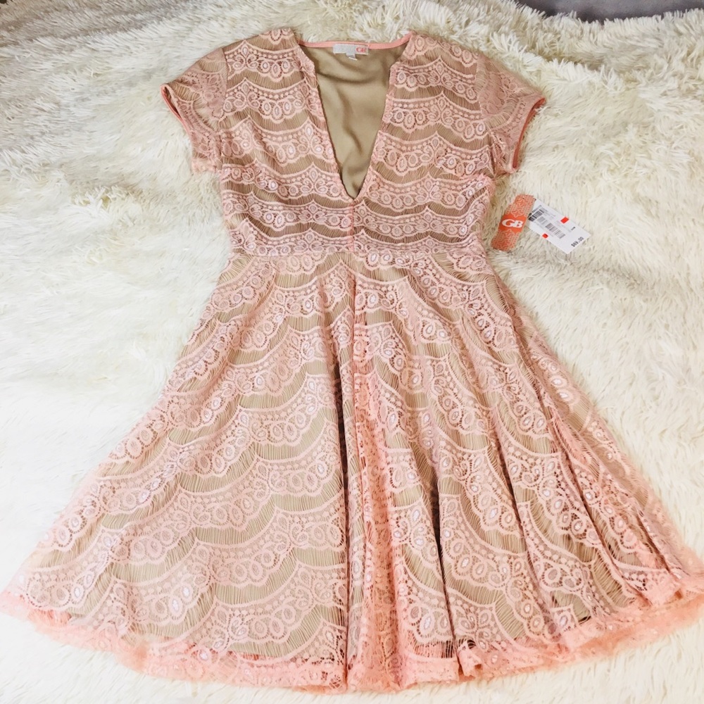 NWT GB‎ V-Neck Low Cut Pink Lace Skater Dress XS